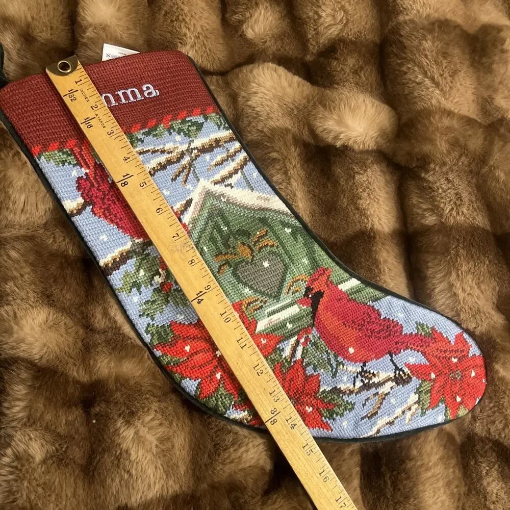 Lands' End Needlepoint Christmas 18” Stocking “Emma” Cardinals Poinsettias Snow